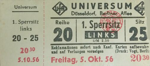 Eintrittskarte des Universum Filmtheaters in Düsseldorf (1956)